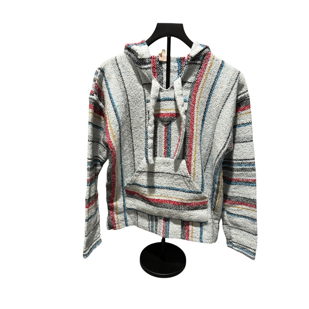 Earthbound Trading Baja Hoodie Mexican Drug Rug Striped Pullover White Multi L